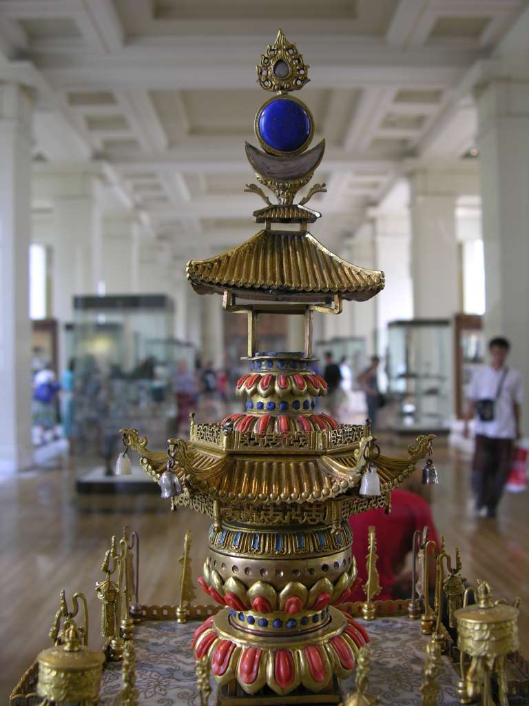 British Museum Top 20 Buddhism 10-1 Cloisonne Mandala Top 10. Cloisonne Mandala China, 1772AD, 56cm high. This miniature building, inlaid with coral and bells made of jade and silver, represents a Buddhist mandala in three dimensions. Cloisonn mandalas were popular under Emperor Qianlong (1736-95).